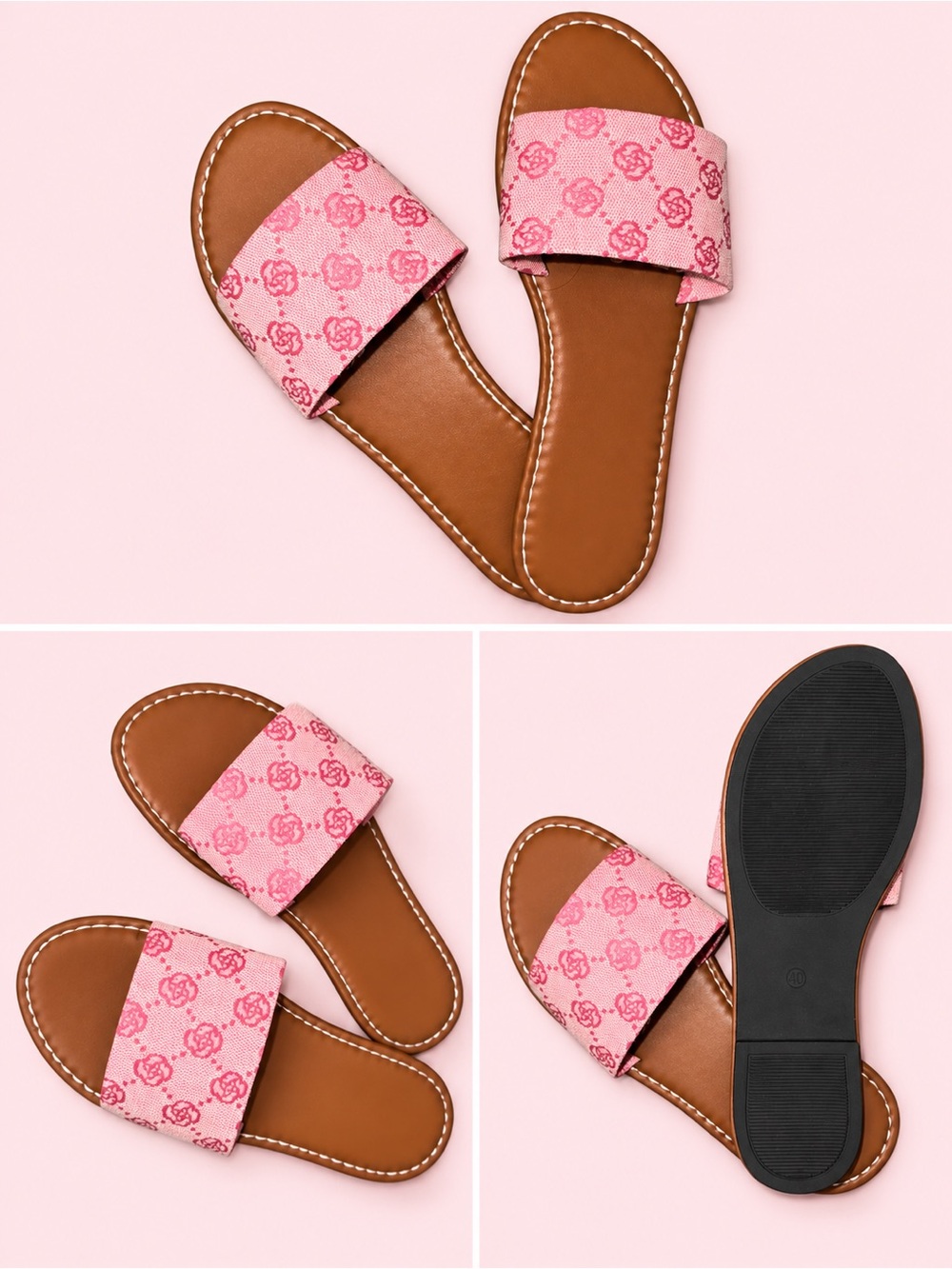 Pink Slide Sandals with Patterned Strap